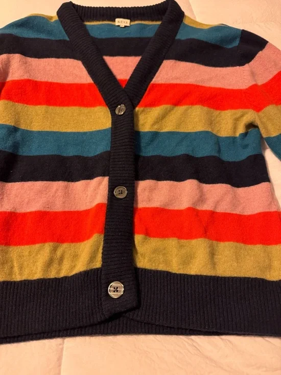 KULE Navy-Trim Striped V-Neck Cardigan in Coral, Teal & Olive - Picture 2 of 15
